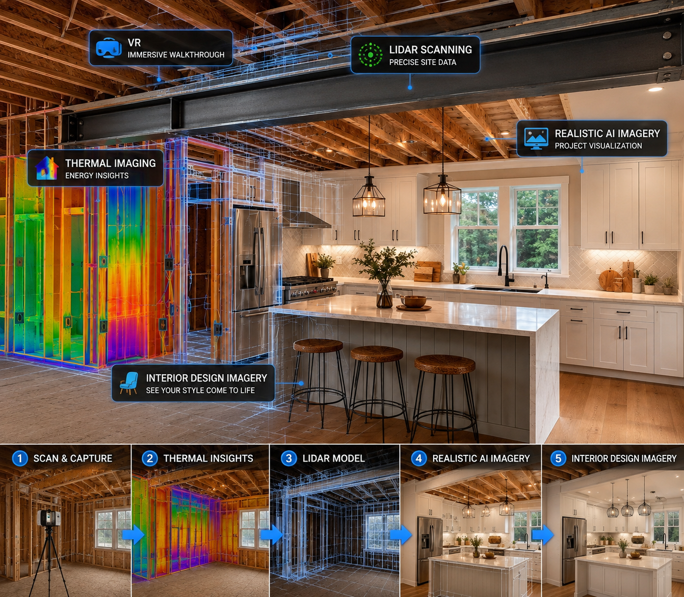 AI-enhanced concept visualization: kitchen renovation progressing from framing to AI thermal view to finished interior
